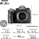 دوربین بدنه سیاه Pentax K-3 Mark III ویوفایندر اپتیکال 1.05 برابری با 100% میدان دید توضیحاتی در مورد دوربین 